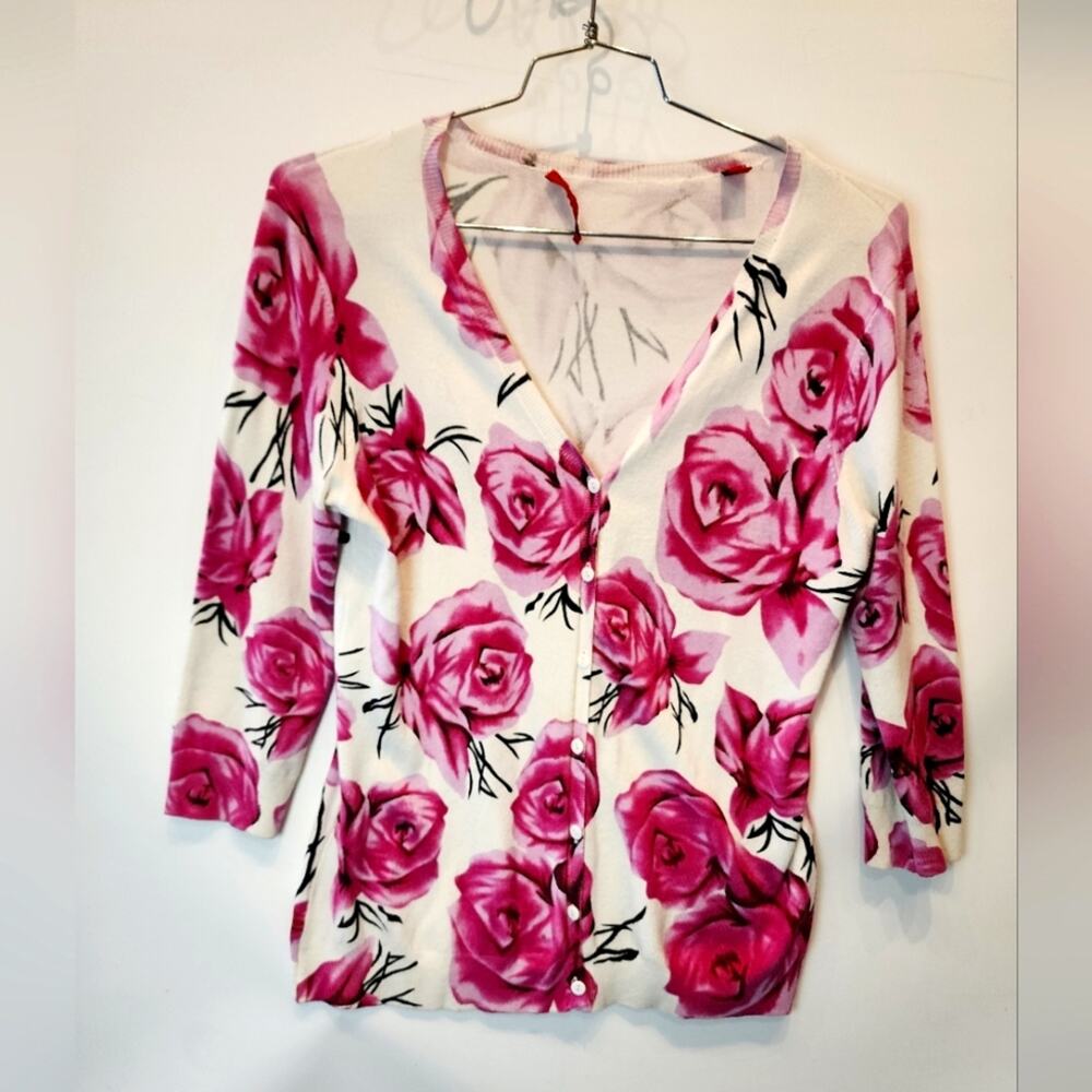 Red Rose Floral Cardigan Sweater 3/4 Sleeves Button Down Size L